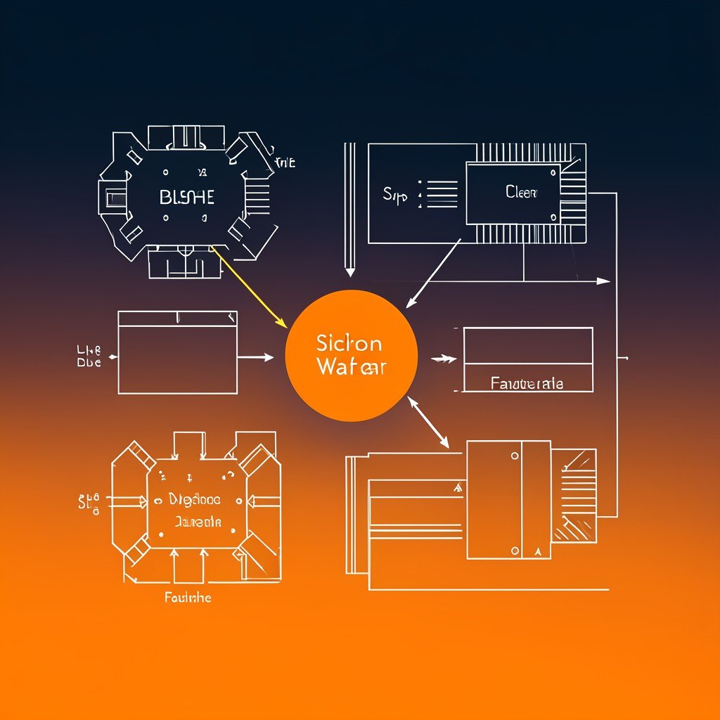 Semiconductor design process from chip blueprint to silicon wafer fabrication, modern clean infographic style with orange and navy gradient, no text, 4:3
