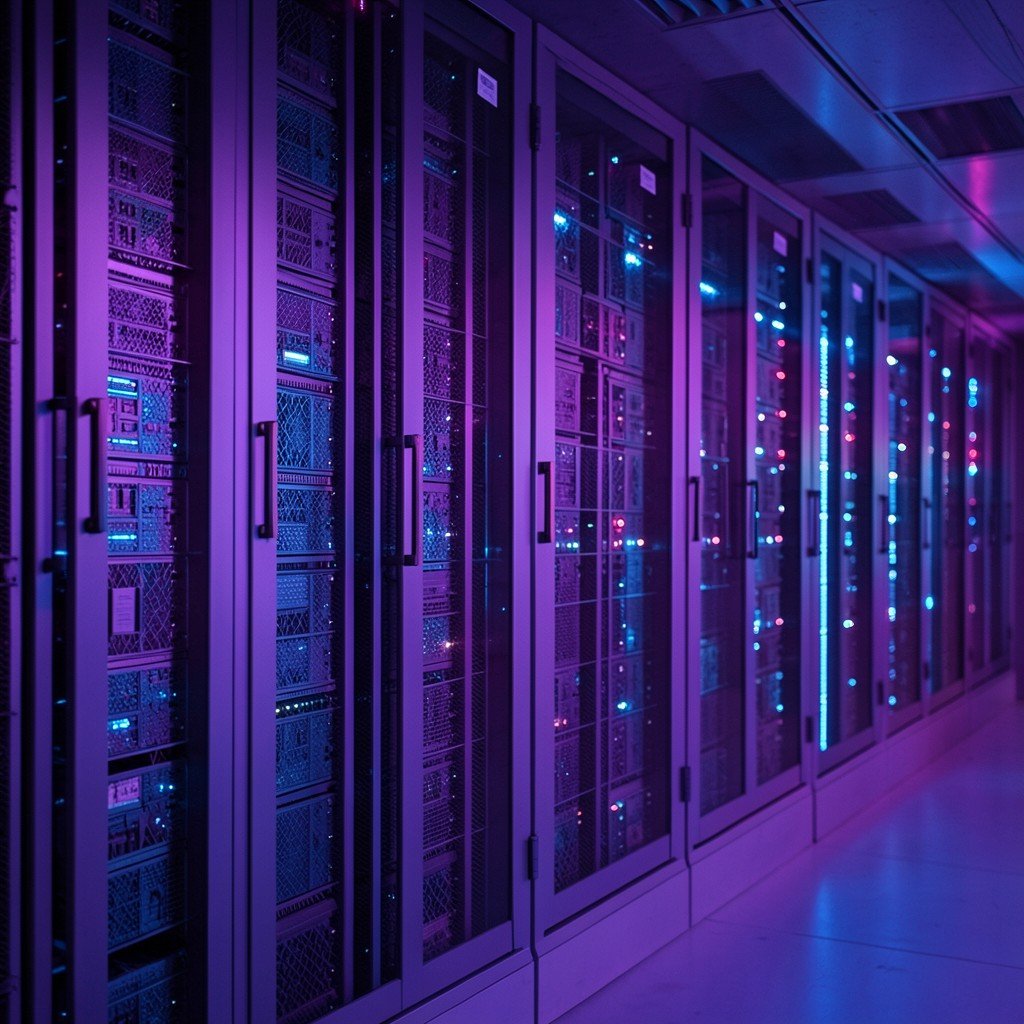 Row of glowing AI server chips in a modern data center with purple and blue ambient lighting, custom ASIC competition concept, no text, 4:3