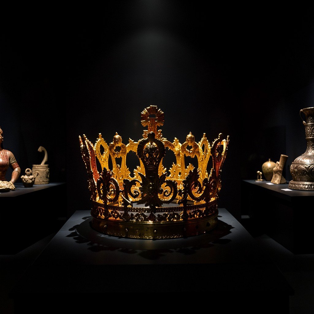 Golden Macedonian crown and ancient artifacts displayed in dark museum, dramatic spotlight, UNESCO world heritage treasures, no text, 4:3