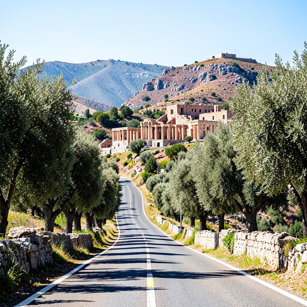Scenic road through Greek countryside toward Vergina archaeological site, olive trees and hills, bright daylight, travel photography, no text, 4:3