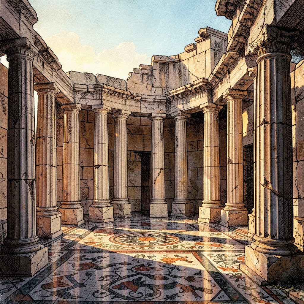 Ruins of ancient Macedonian palace at Aigai with stone columns and mosaic floors, warm afternoon light, textured historical illustration style, no text, 4:3