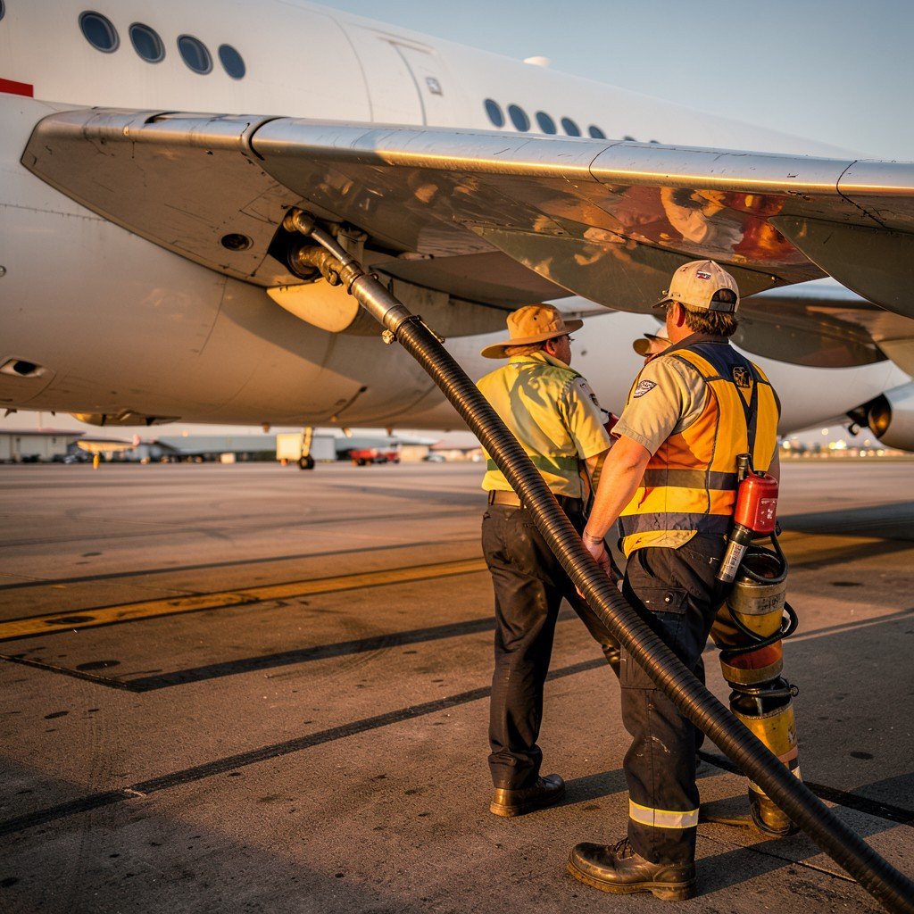 ground crew refueling a commercial jet at airport, close up of fuel hose connected to aircraft wing, warm afternoon light, no visible text, 4:3