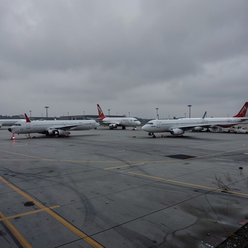 multiple commercial airplanes grounded at European airport apron, overcast sky, somber atmosphere, photorealistic, no visible text, 4:3