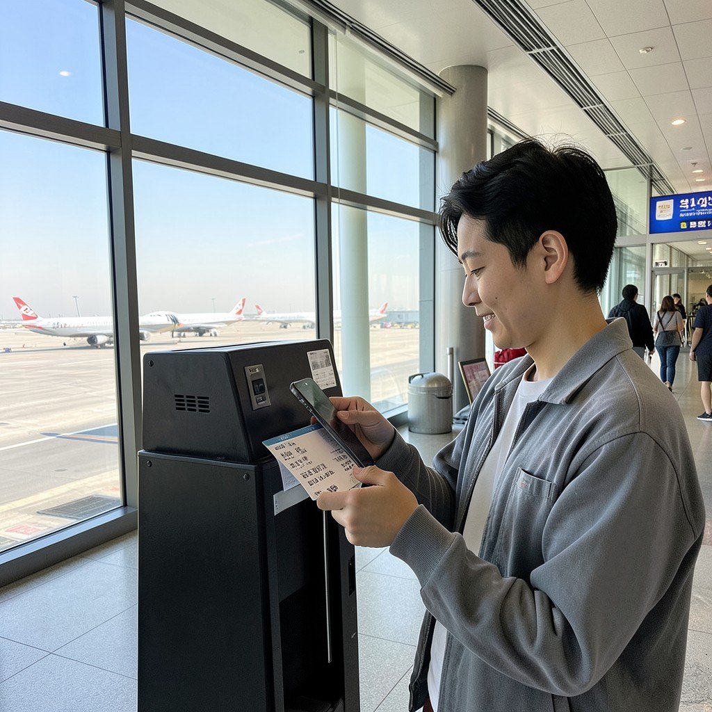 traveler checking flight ticket prices on smartphone at airport departure hall, large windows with airplanes outside, natural lighting, Korean appearance, no visible text, 4:3