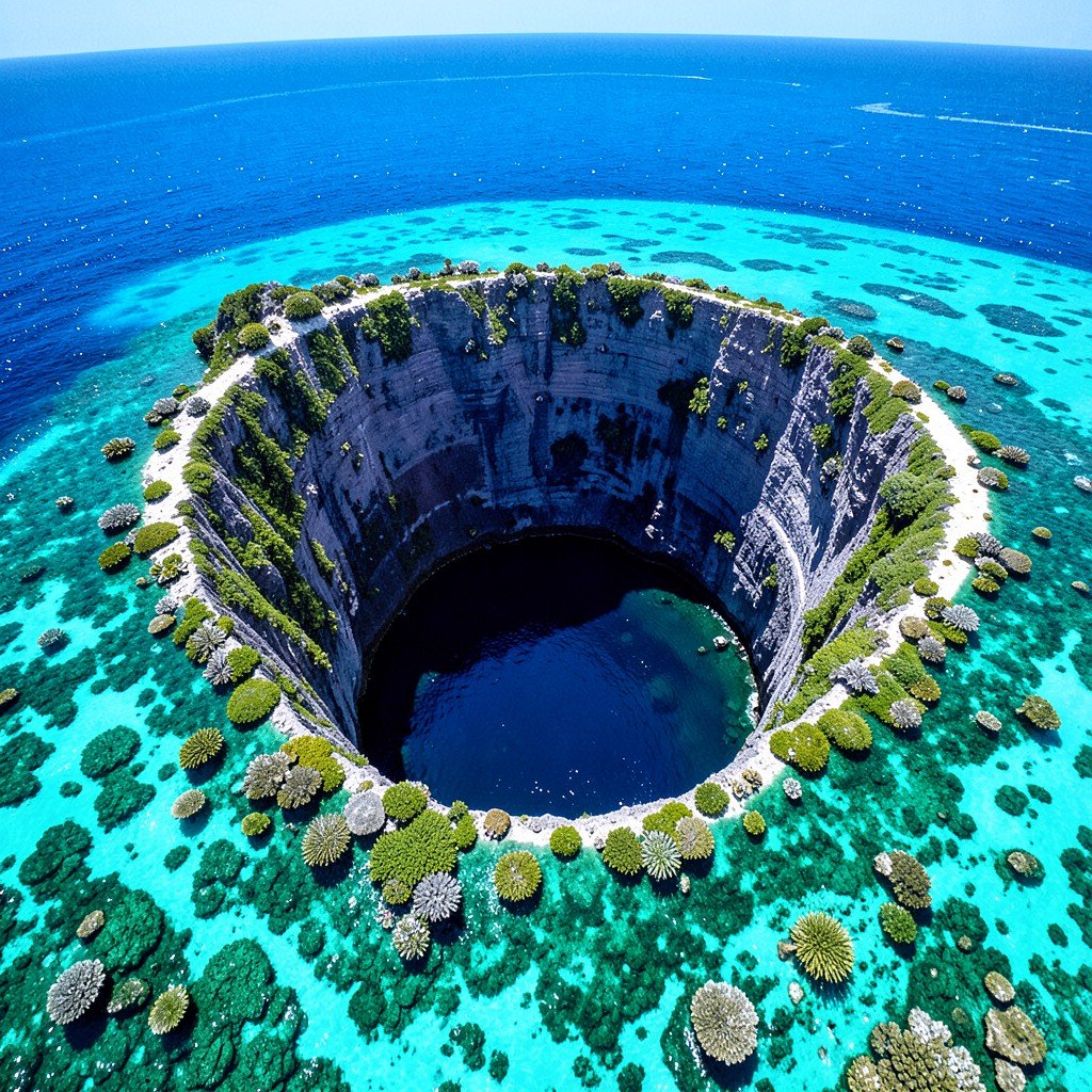 Aerial photograph of the Great Blue Hole in Belize, deep blue circular sinkhole surrounded by turquoise coral reef waters, dramatic natural contrast, clear sunny day, 4:3