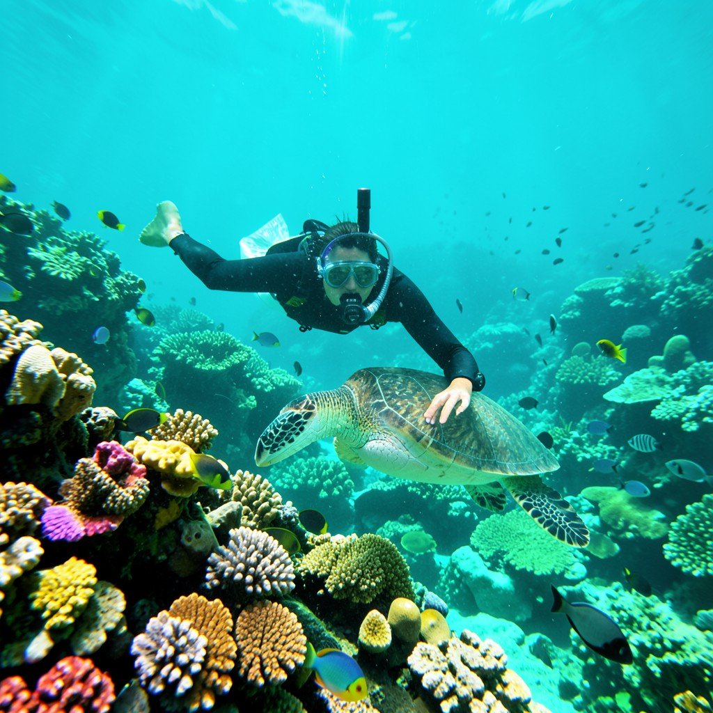 Snorkeler swimming over colorful coral reef in Belize Barrier Reef, tropical fish, sea turtle in clear turquoise water, underwater photography, vibrant marine life, 4:3