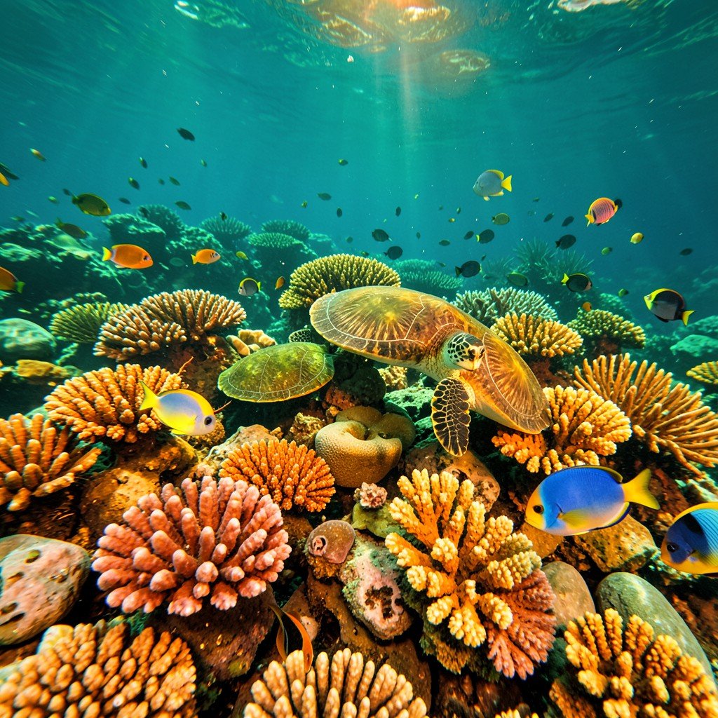 Healthy coral reef ecosystem with diverse corals, sea turtles and colorful fish, conservation theme, clear Caribbean water, warm underwater lighting, natural photography, 4:3