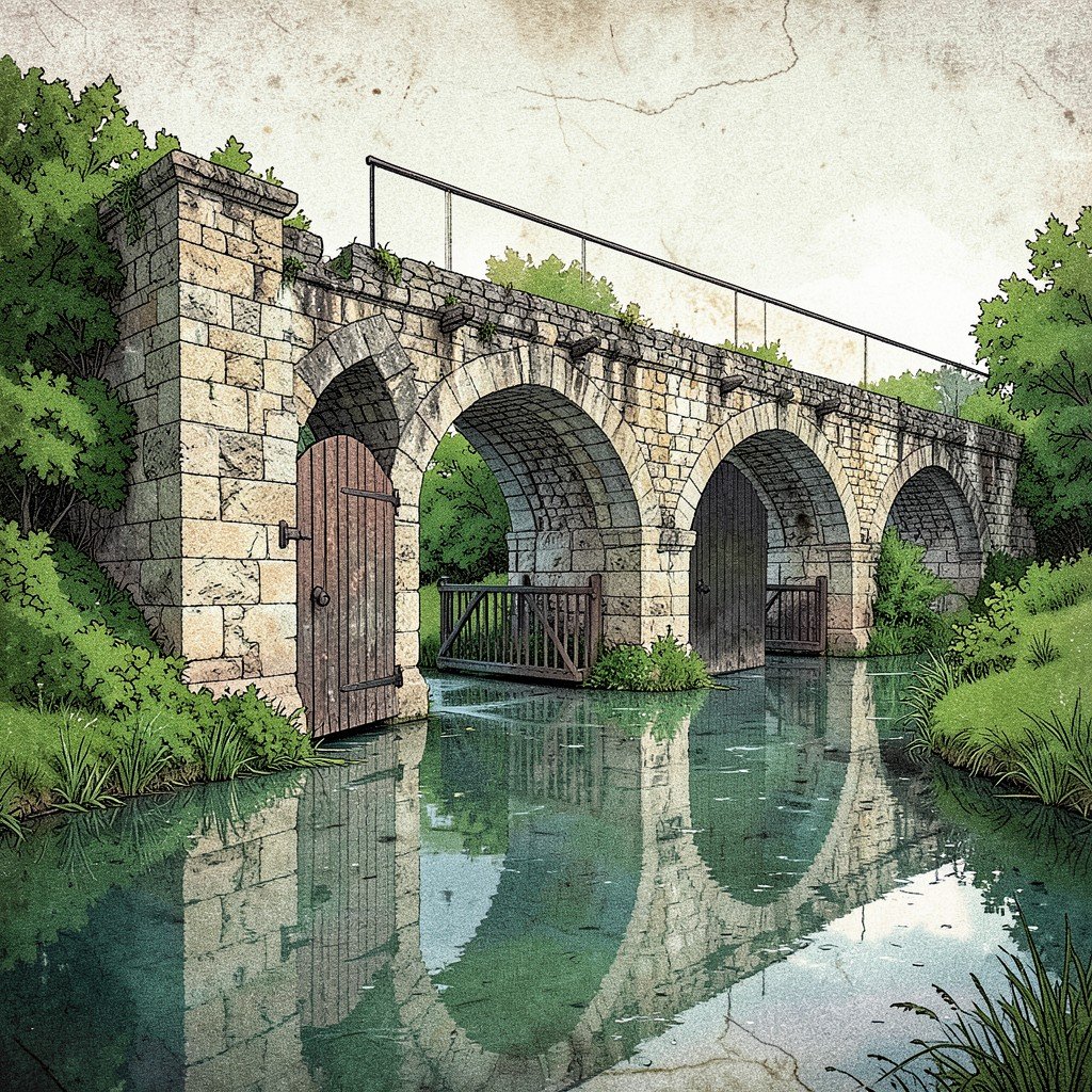 Historic stone lock gates on Canal du Midi France, old engineering structure with wooden gates, surrounding greenery and reflections on water, illustration style with textured background, 4:3