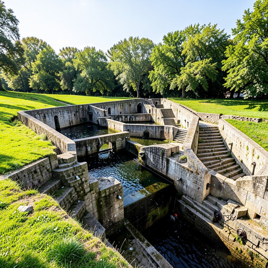 Series of staircase locks at Fonseranes on Canal du Midi France, multiple lock chambers descending, green lawns and trees, bright daylight, travel photography style, 4:3