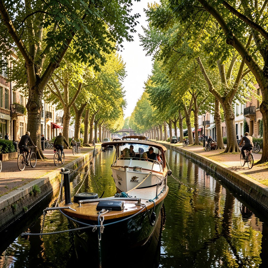 Leisure boat cruising along Canal du Midi, tree-lined canal with plane trees, cyclists on towpath beside water, relaxed European travel scene, warm natural light, 4:3