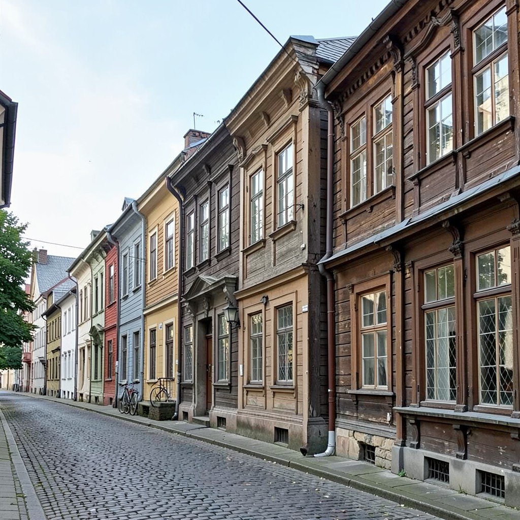 Restored historic wooden houses of the nineteenth century along a tranquil street in Riga with classic wooden siding and northern European architectural charm, no visible text, no logos, no watermark, aspect ratio 1:1