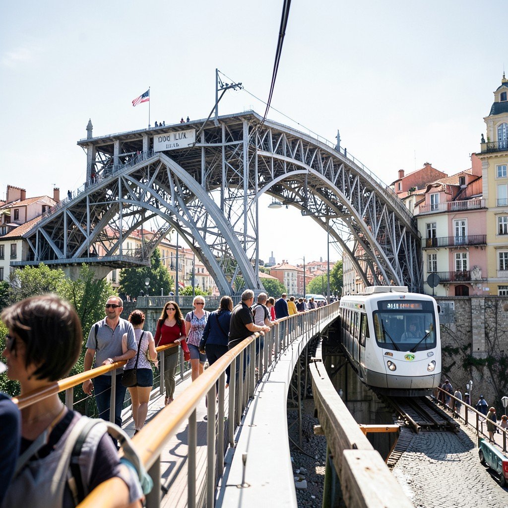 People walking on upper deck of Dom Luiz I iron arch bridge in Porto Portugal with metro passing, bright daylight, lifestyle travel photography, full frame composition, no text, 4:3