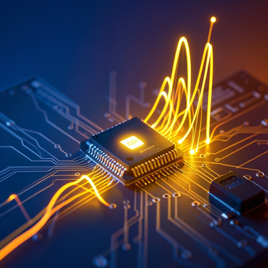Glowing semiconductor chip on a circuit board with rising light trails suggesting a stock rebound, AI chip concept, deep blue and orange gradient background, dramatic but balanced lighting, no text, 4:3