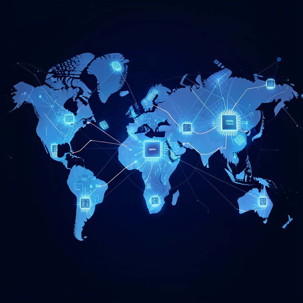 A conceptual illustration of multiple glowing microchips arranged on a world map style dark blue background with network connection lines, modern tech infographic feel, no visible text, 4:3