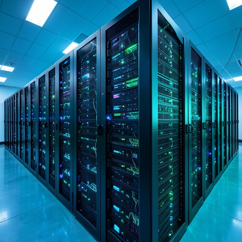 Rows of server racks in a modern data center with cool blue and teal lighting, glowing circuit details on hardware, clean professional atmosphere, no visible text, 4:3