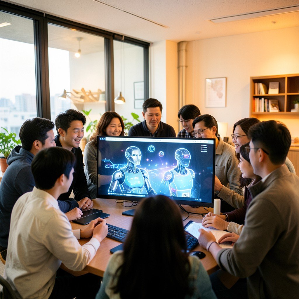 Diverse group of individual investors looking at a bright digital screen showing AI robot imagery, hopeful atmosphere, modern office setting with warm lighting, Korean appearance, no visible text, 4:3