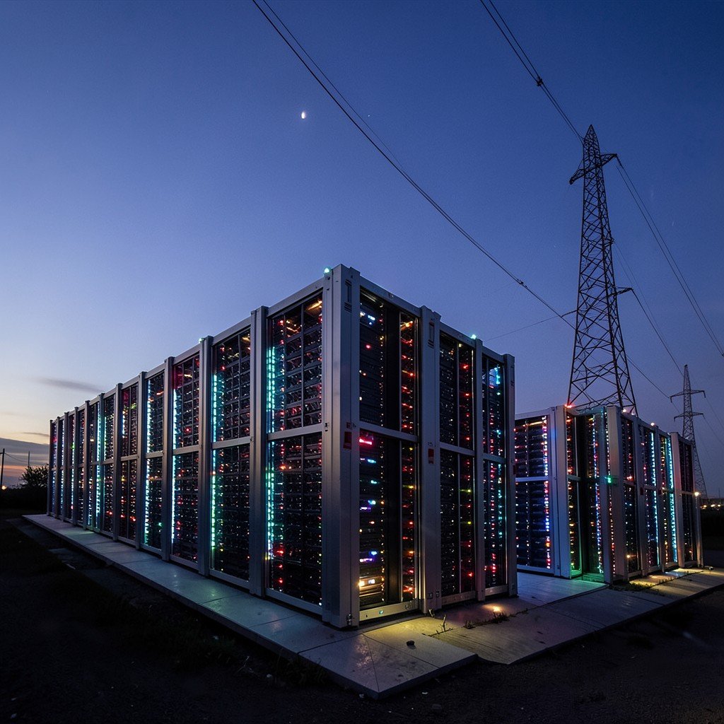 Large data center facility with glowing server racks and transmission towers nearby, evening sky, no visible text, no logos, no watermark, aspect ratio 4:3