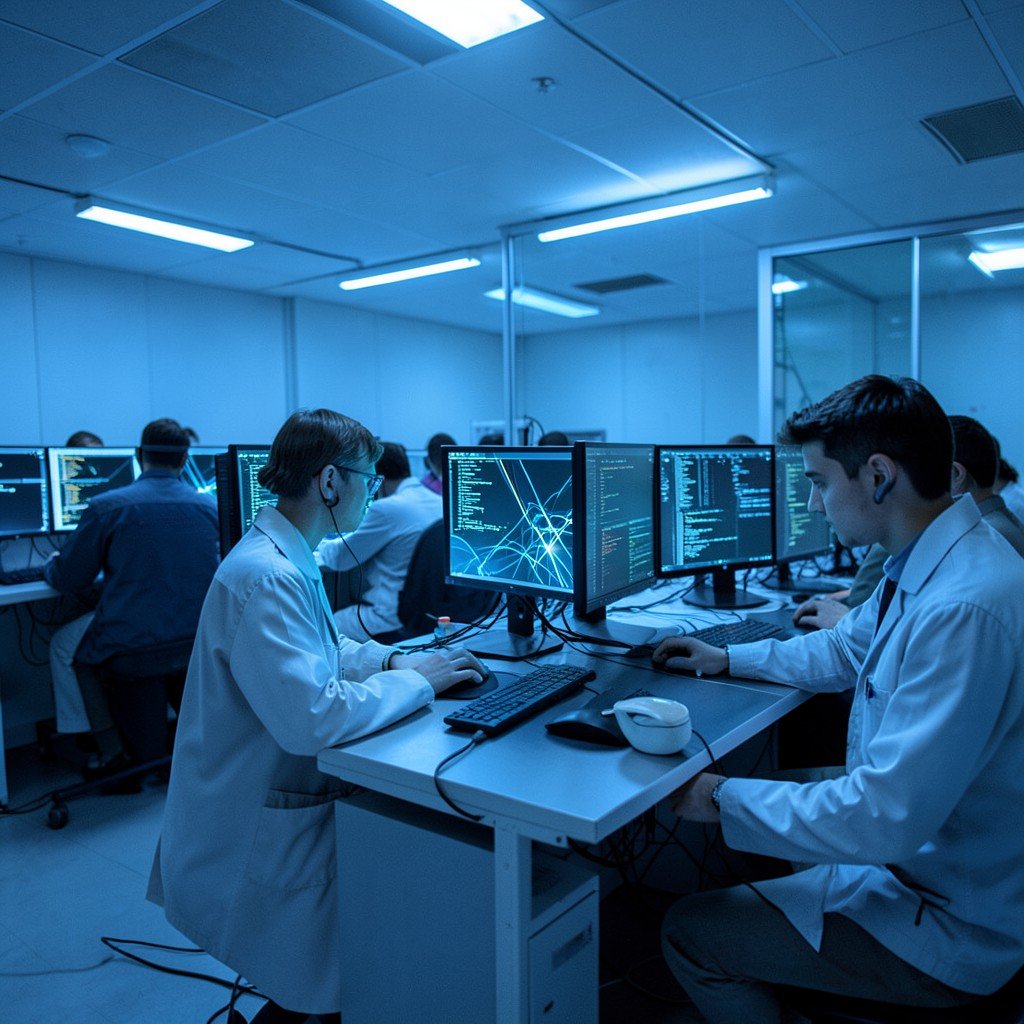 A high-tech research lab with engineers working at computer stations, screens glowing with abstract code patterns, cool blue tones, no visible text, no logos, no watermark, aspect ratio 4:3