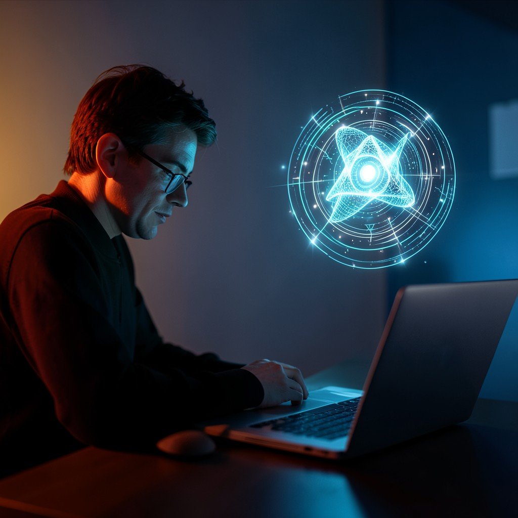 A conceptual scene of a person working at a laptop while a glowing abstract AI assistant visualization hovers nearby, warm and cool lighting contrast, no visible text, no logos, no watermark, aspect ratio 4:3