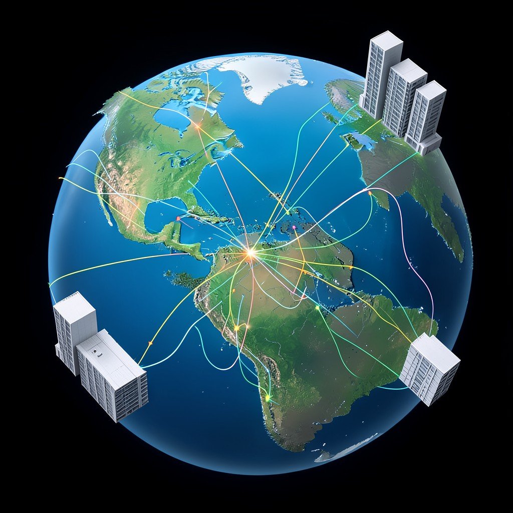 Abstract network lines connecting North America and Europe over a stylized globe, data center buildings on both sides, no visible text, no logos, no watermark, aspect ratio 4:3