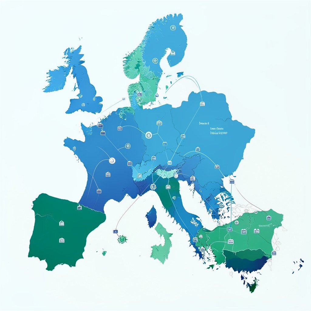 A conceptual map of Europe with data center nodes and energy symbols, cool blue and green tones, no visible text, no logos, no watermark, aspect ratio 1:1