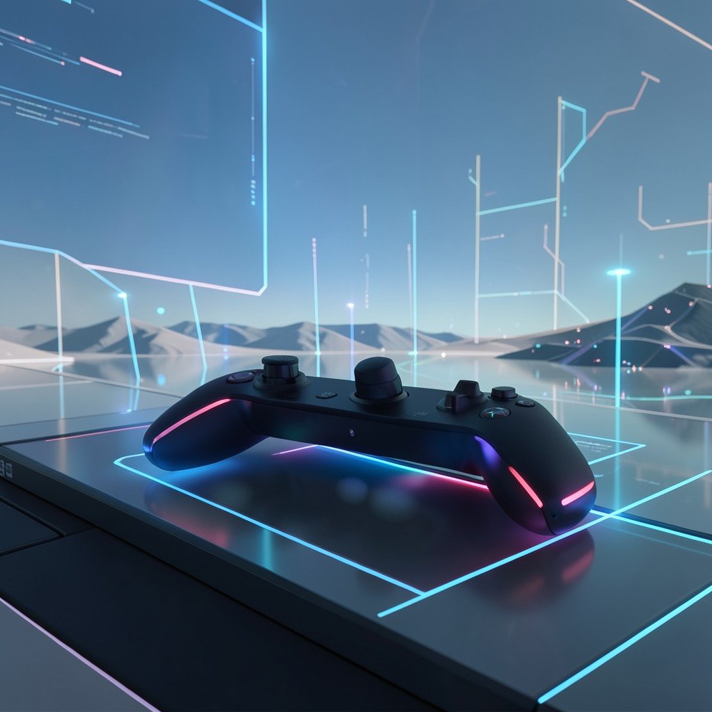 A calm futuristic gaming landscape with a controller and abstract data light, no visible text, no logos, no watermark, aspect ratio 1:1