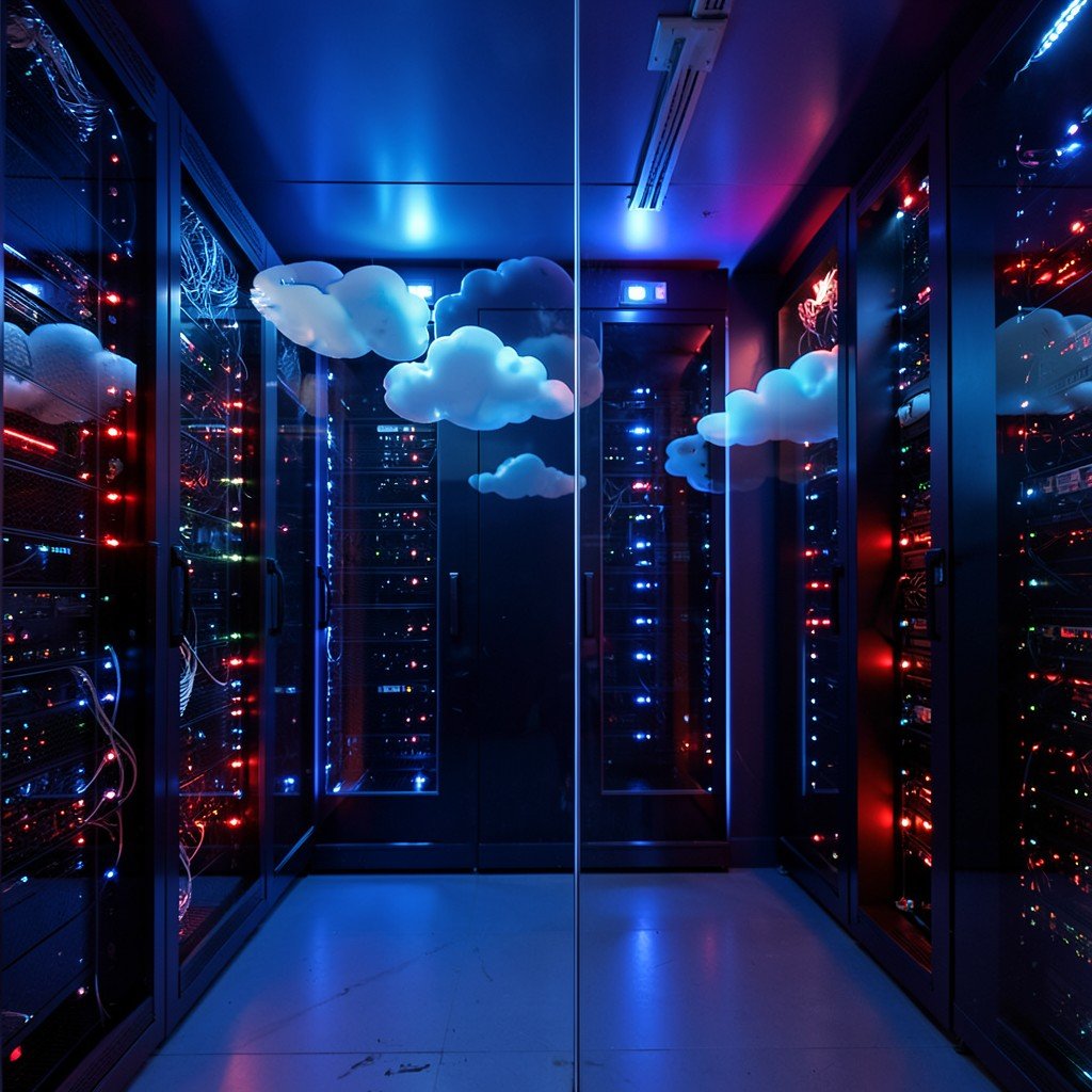 Abstract server room with glowing blue and red lights, cloud-shaped reflections on glass, no visible text, no logos, no watermark, aspect ratio 4:3