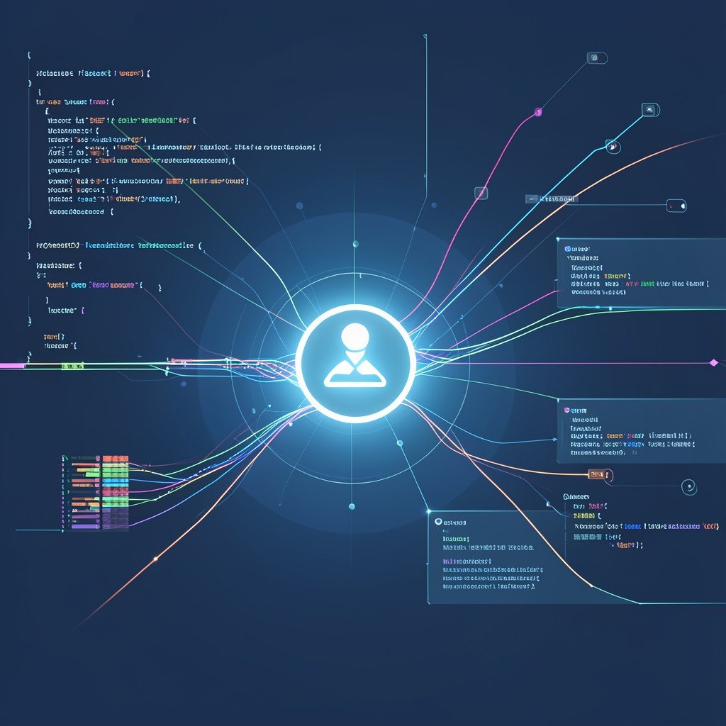 Abstract digital workspace with code snippets and data streams flowing into a glowing assistant core, clean modern style, no visible text, no logos, no watermark, aspect ratio 1:1