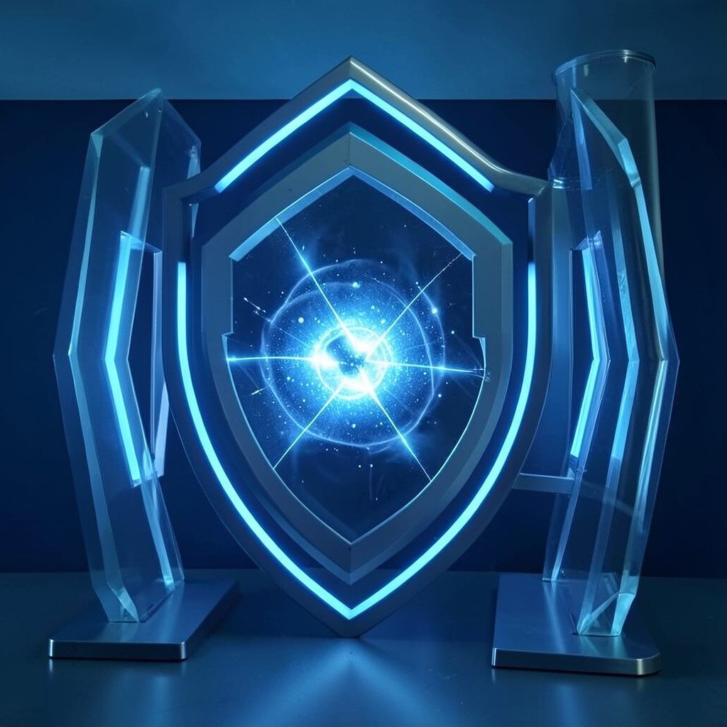Abstract shield and layered security barriers around a glowing AI core, cool blue tones, no visible text, no logos, no watermark, aspect ratio 1:1