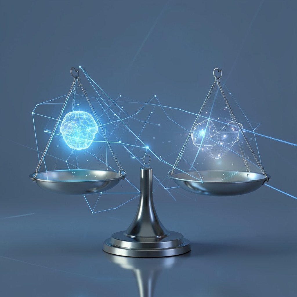 Abstract balance scale between a glowing AI model and protective safety layers, futuristic minimal background, no visible text, no logos, no watermark, aspect ratio 1:1