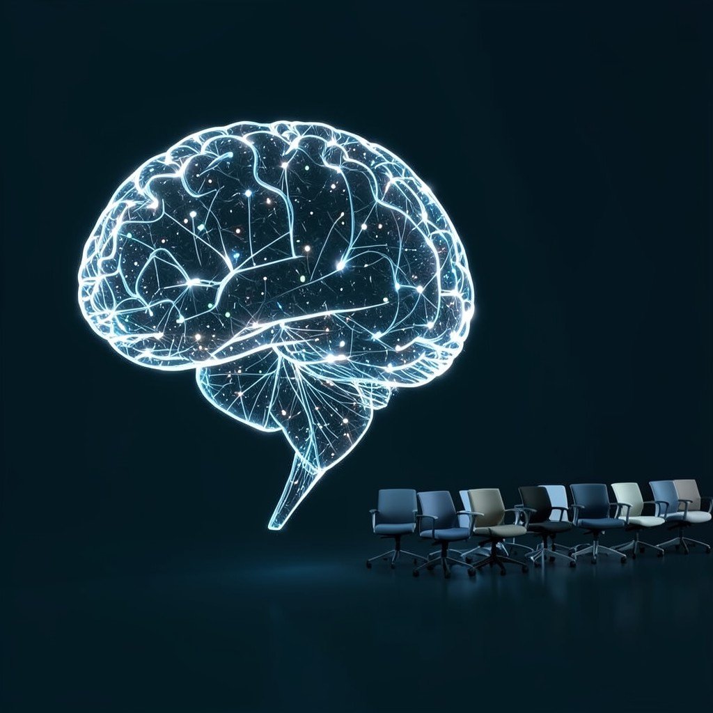An abstract digital brain made of light circuits beside a shrinking row of office chairs, no people, no visible text, no logos, no watermark, aspect ratio 4:3
