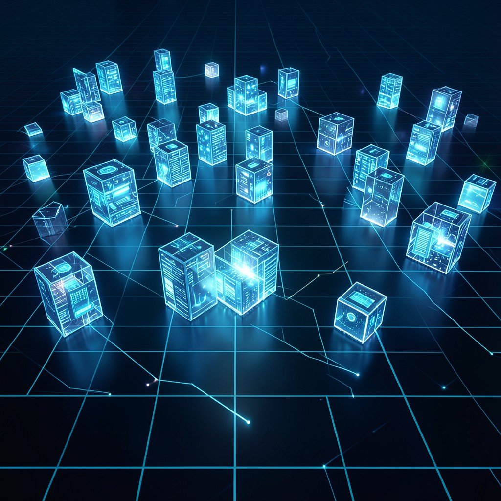 A wide abstract scene of multiple glowing AI model blocks competing on a digital grid, no visible text, no logos, no watermark, aspect ratio 4:3