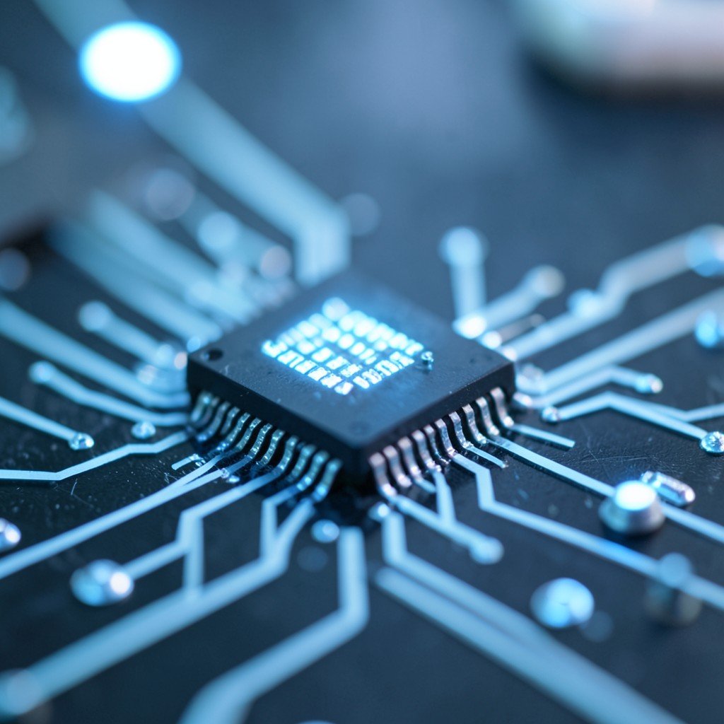 Close-up of a semiconductor processor chip on a circuit board with soft blue light, symbolic of AI chip design and partnership, no visible text, no logos, no watermark, aspect ratio 1:1
