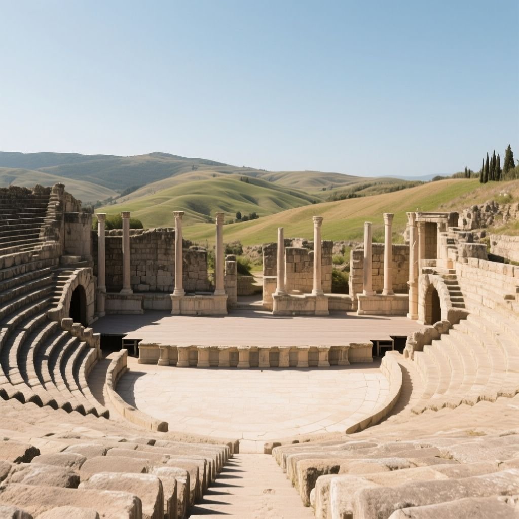 Dougga 고대 극장과 언덕 풍경