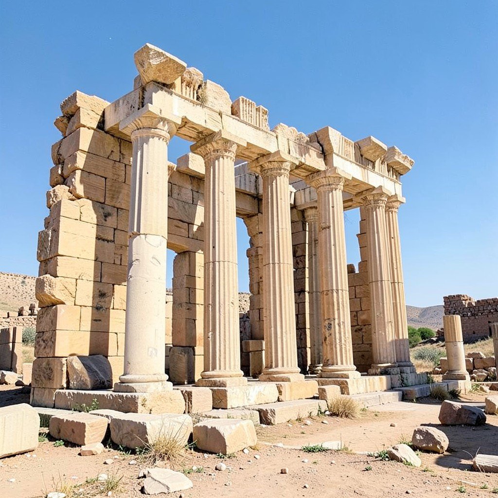 Ruins of the Capitol temple at Dougga with tall stone columns and ancient masonry, sunny North African landscape, no visible text, no logos, no watermark, aspect ratio 4:3