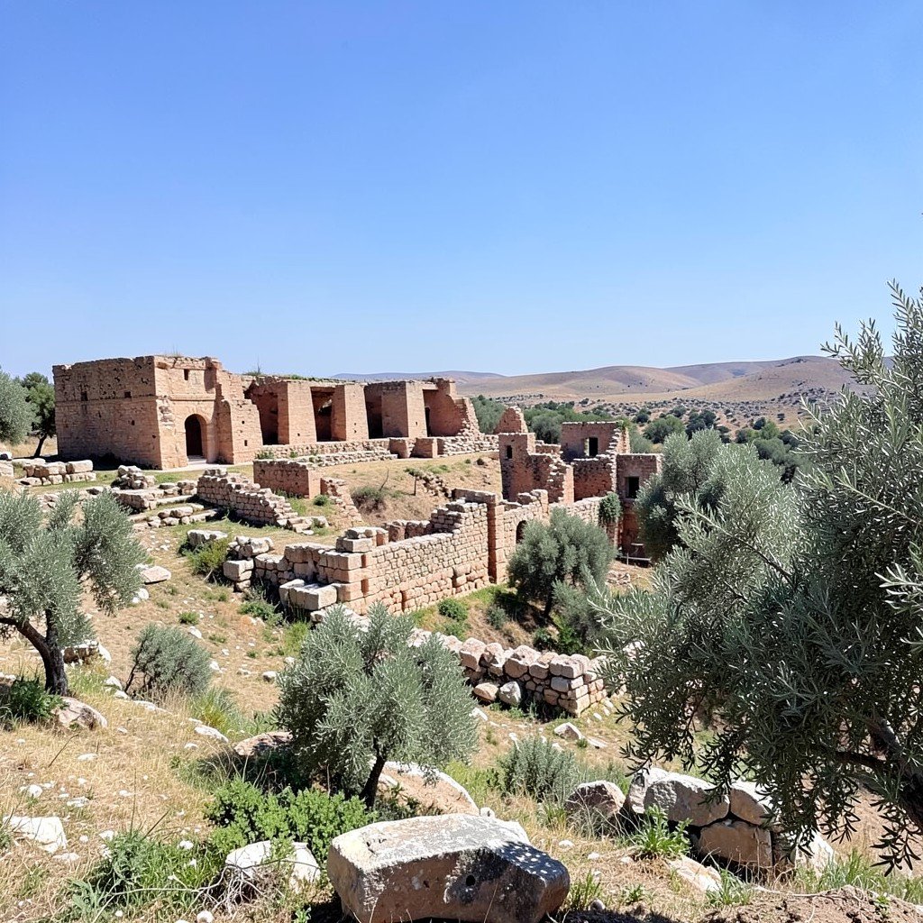 Wide view of Dougga archaeological ruins on a plateau under a clear Mediterranean sky, ancient stones and olive trees, no visible text, no logos, no watermark, aspect ratio 1:1