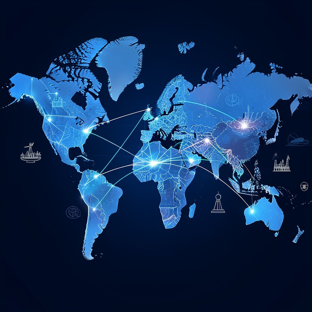 Symbolic illustration of transatlantic alliance, glowing network lines connecting North America and Europe on a dark blue world map background, industry icons like energy and aerospace subtly integrated, no visible text, 4:3