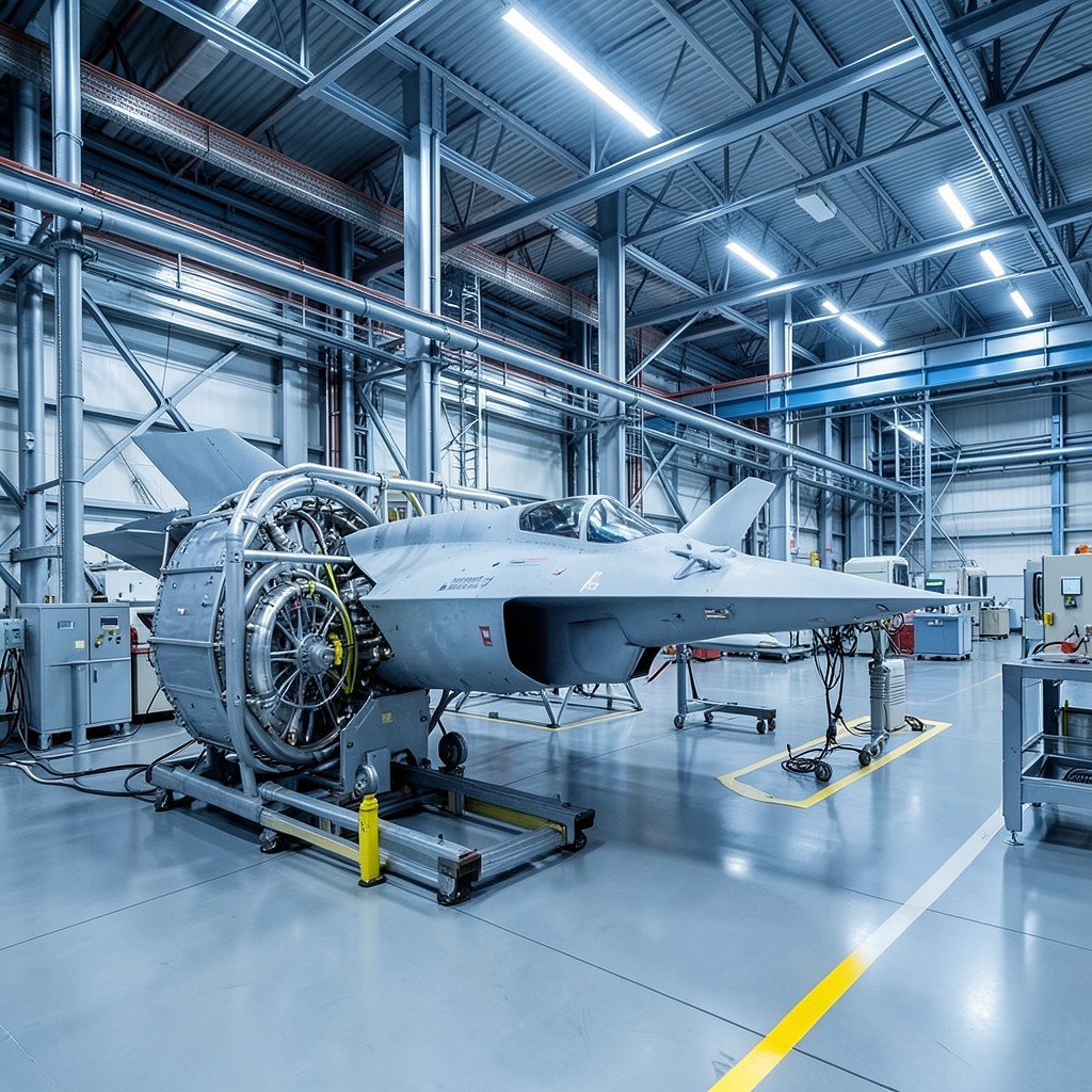 European aerospace manufacturing facility with modern fighter jet components and engineering equipment, professional industrial atmosphere, blue and steel gray tones, bright balanced lighting, no visible text, 4:3