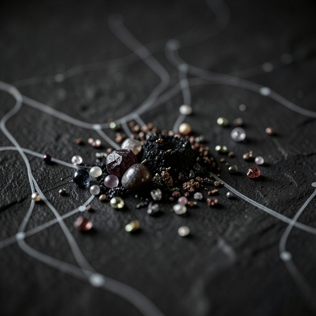 Close-up of critical minerals and rare earth elements on textured dark surface with subtle shipping route lines in background, cinematic lighting, strategic supply chain concept, no visible text, 4:3
