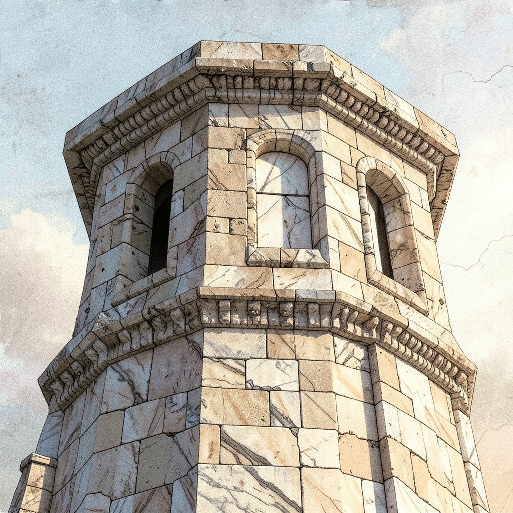 Close-up of Castel del Monte octagonal tower stone walls, medieval limestone texture, marble details, soft morning light, illustration style with textured background, no text, 1:1