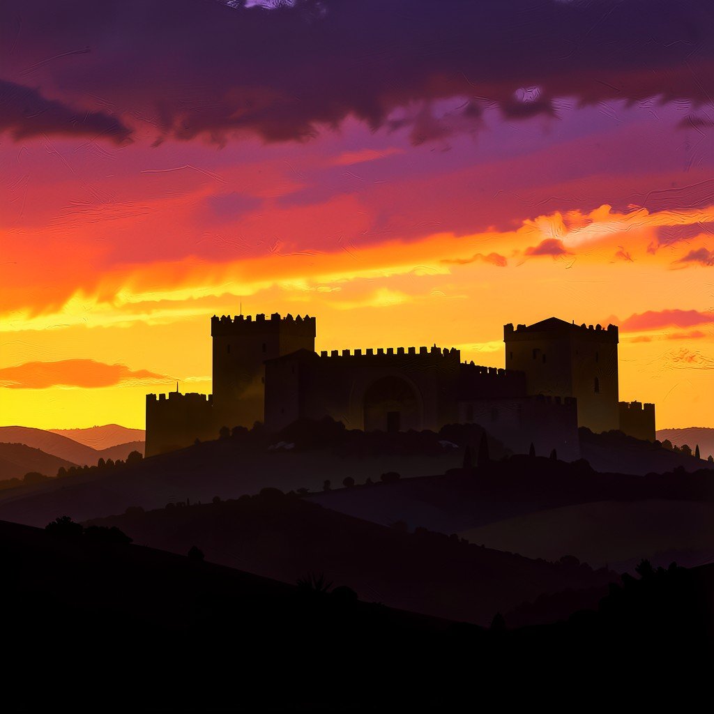 Silhouette of Castel del Monte castle at golden hour, dramatic orange and purple sky, rolling hills of Apulia region, artistic painterly style, no text, 4:3