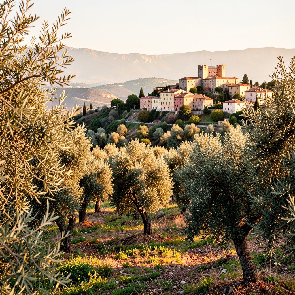 Scenic landscape of Puglia Italy with olive trees and Castel del Monte castle in distance, warm Mediterranean light, lifestyle travel photography style, no text, 4:3