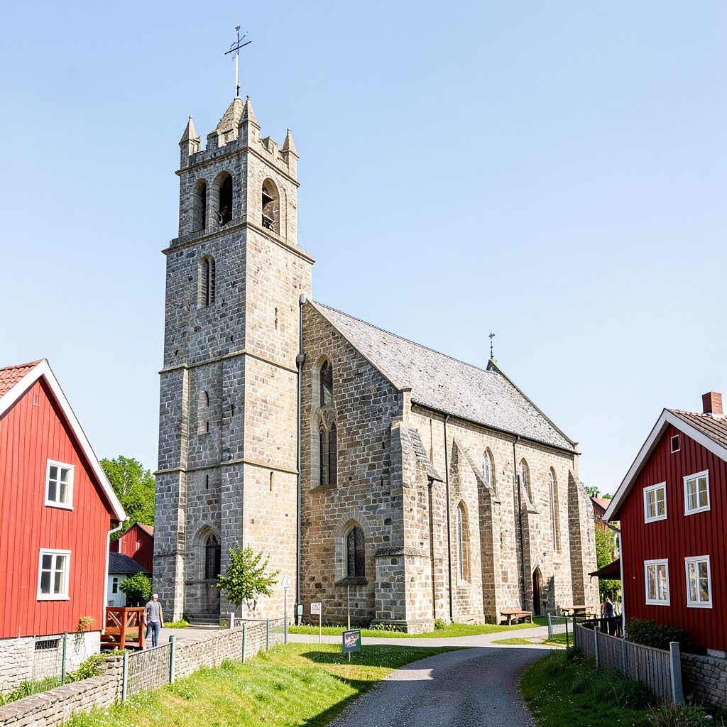 Medieval stone church Nederlulea Church in Gammelstad Sweden with tall bell tower, surrounded by red wooden houses, clear Nordic daylight, travel photography, 4:3