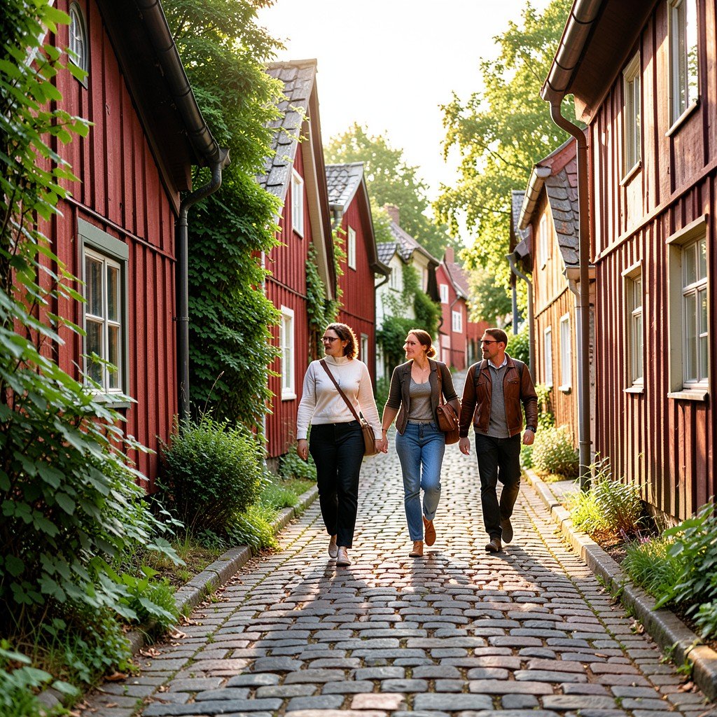 Travelers walking on cobblestone alley between red wooden cottages in Gammelstad Sweden, summer greenery, warm afternoon light, lifestyle photography, 4:3