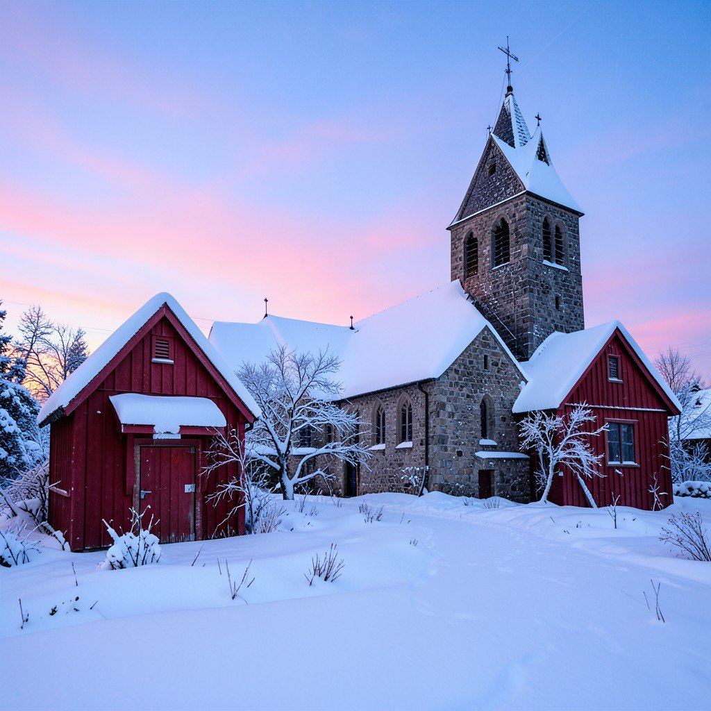 Snow covered red wooden cottages and stone church in Gammelstad Sweden during winter, soft pink and blue Nordic twilight sky, atmospheric winter photography, 4:3