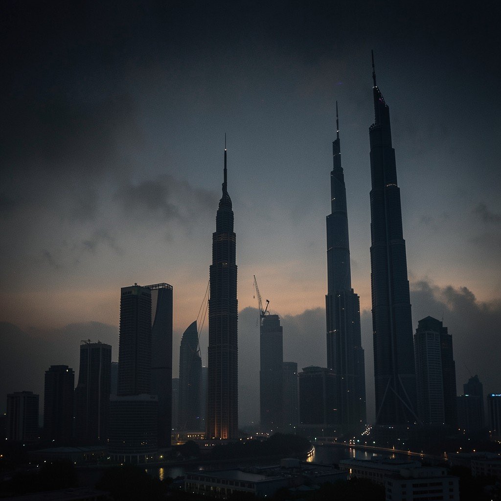 Dramatic evening skyline of Dubai with tense atmosphere distant haze over skyscrapers cinematic photography moody sky 4:3