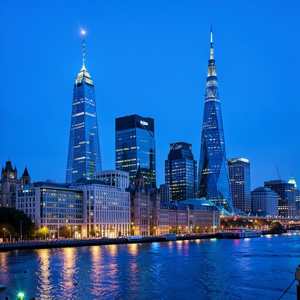 London financial district skyline with iconic skyscrapers River Thames blue hour city lights photography 4:3