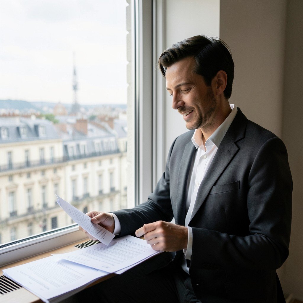 Thoughtful expat professional looking at documents by a window overlooking European city soft natural light lifestyle photography 4:3