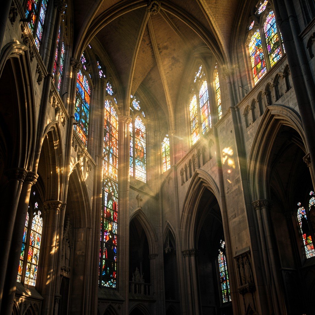 Interior of Cologne Cathedral with colorful stained glass windows casting light, Gothic arches, warm sunlight streaming through, no people facing camera, atmospheric photography, 4:3