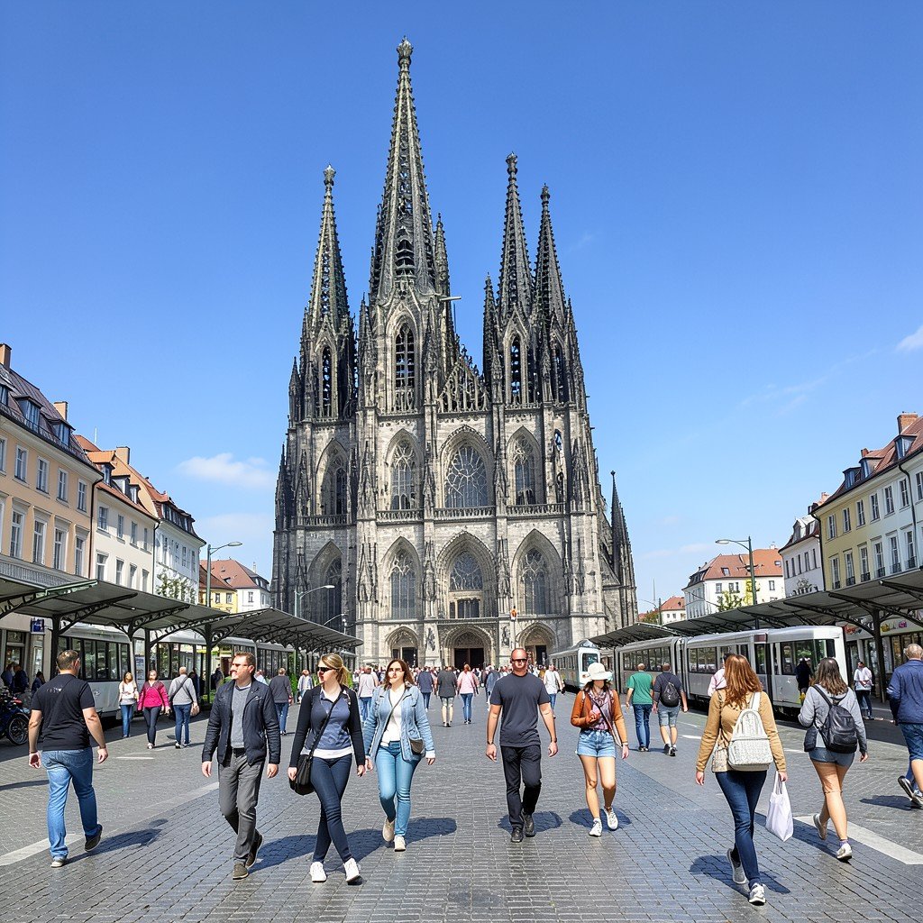 View of Cologne Cathedral from Cologne central train station square, travelers walking, blue sky, lively European city atmosphere, Germany landmark, 4:3